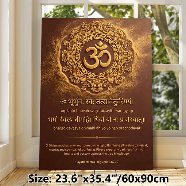 Gayatri Mantra & Om Symbol Painting Poster, Gilded Intricate Mandala Style Poster, Sacred Spiritual Design With Holy Verses, Ideal For Meditation_maomaolike.com