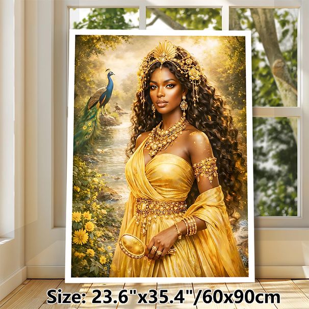 Golden Royal African Goddess Painting Poster, Lush Enchanted Forest Style Poster, Exquisite Detailed Artwork Of Elegant Goddess In Golden Attire With_maomaolike.com