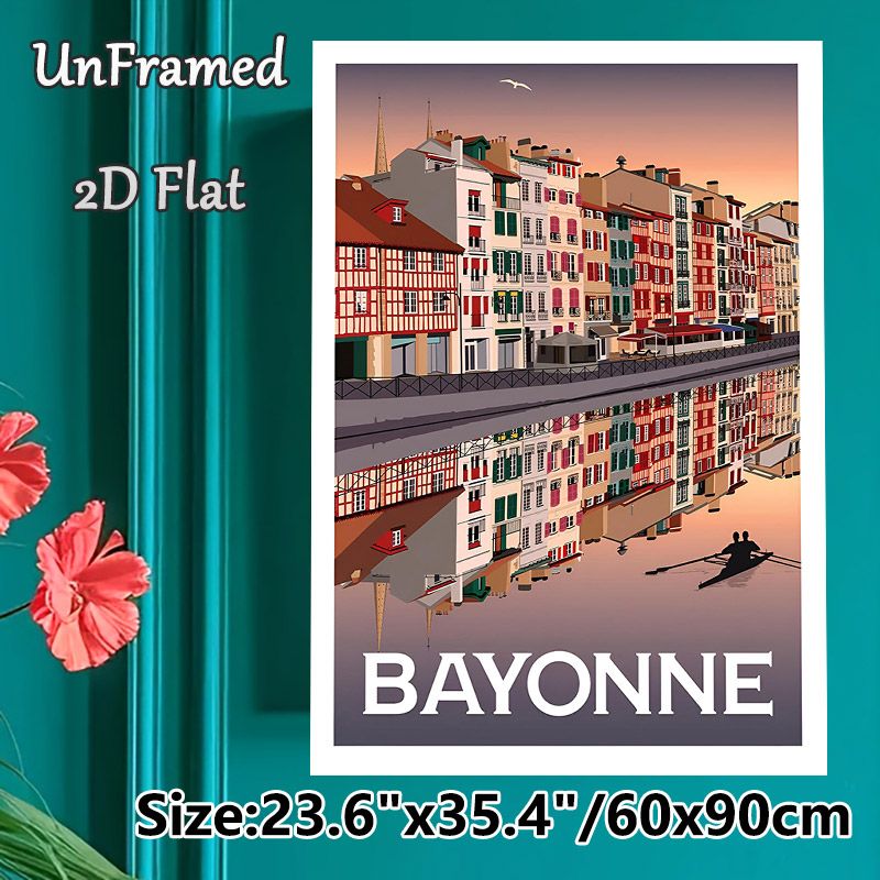 Bayonne Riverside Cityscape Painting Poster, Vintage Pastel-hued Town With Water Reflection Poster, Tranquil Urban Scenery Ideal For Living Room_maomaolike.com
