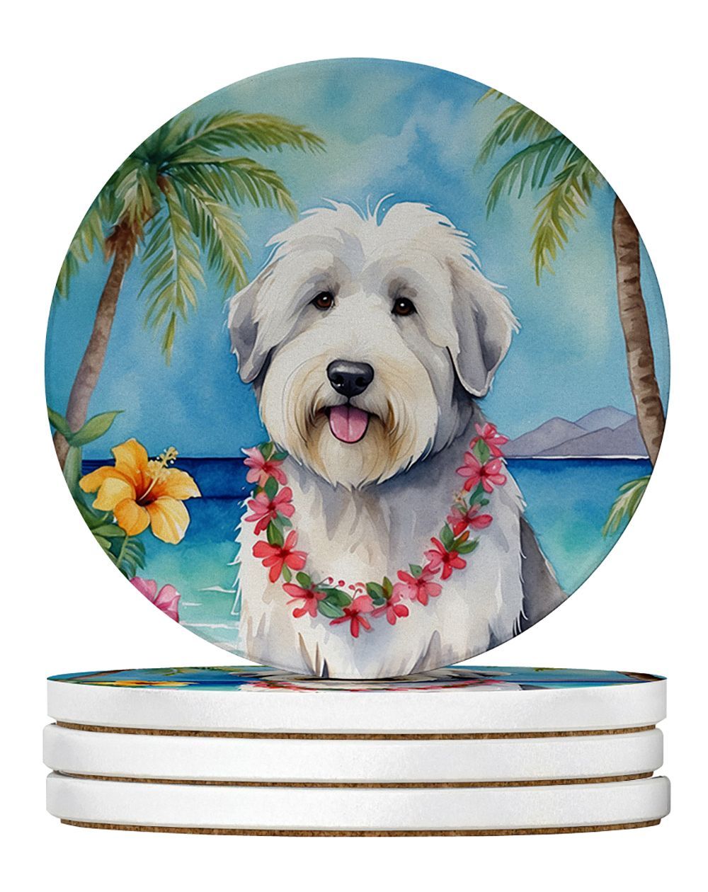 Old English Sheepdog Luau Large Sandstone Coasters Pack Of 4 Absorbent Round Coasters Decor Gifts For Men Or Women, 4 In, Multicolor_maomaolike.com