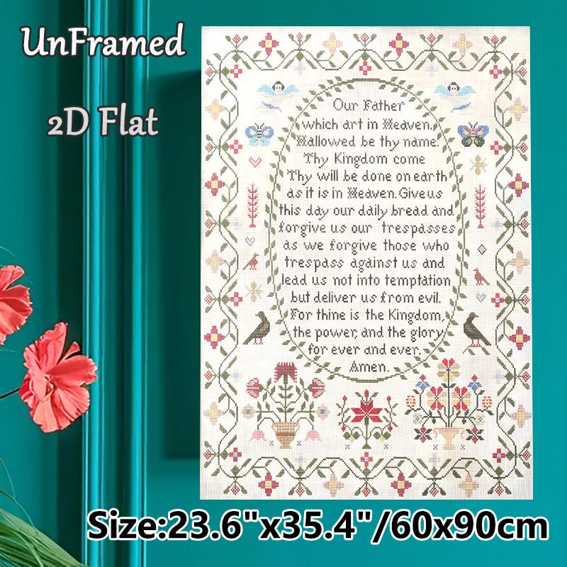 Lord's Prayer Painting Poster, Vintage Cross-stitch Style Floral & Bird Adorned Poster, Serene Religious Text Decor Suitable For Home Prayer Space_maomaolike.com