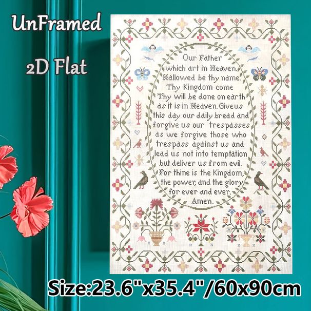Lord's Prayer Painting Poster, Vintage Cross-stitch Style Floral & Bird Adorned Poster, Serene Religious Text Decor Suitable For Home Prayer Space_maomaolike.com