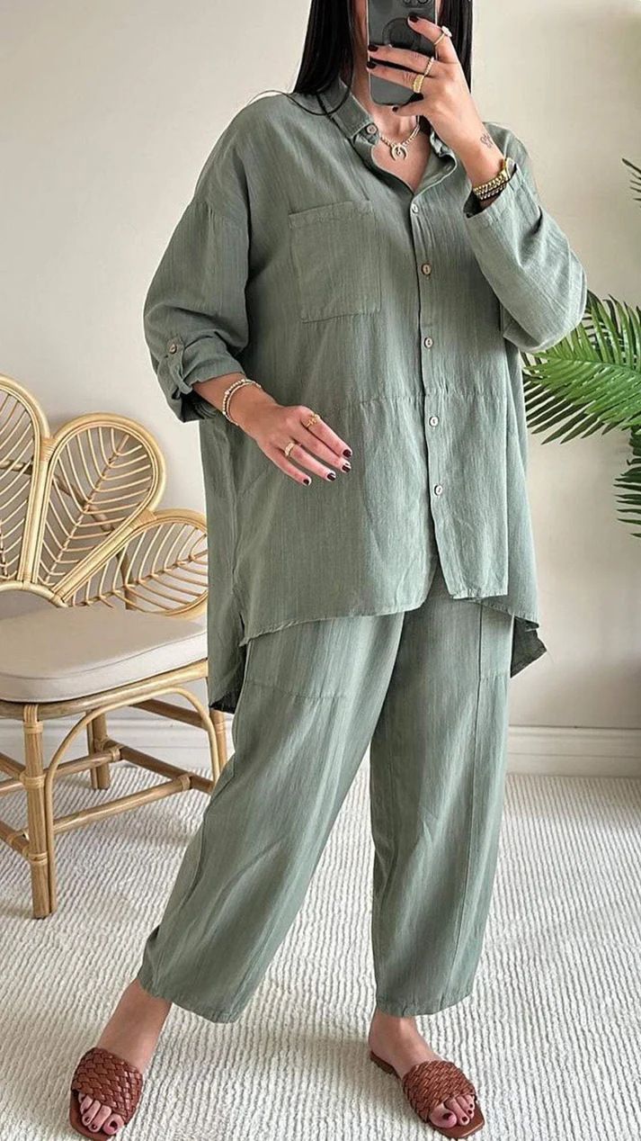 Women's Clothing 2 piece Set Large Size Cotton and Linen Shirt Set High Waist Loose Trousers_maomaolike.com