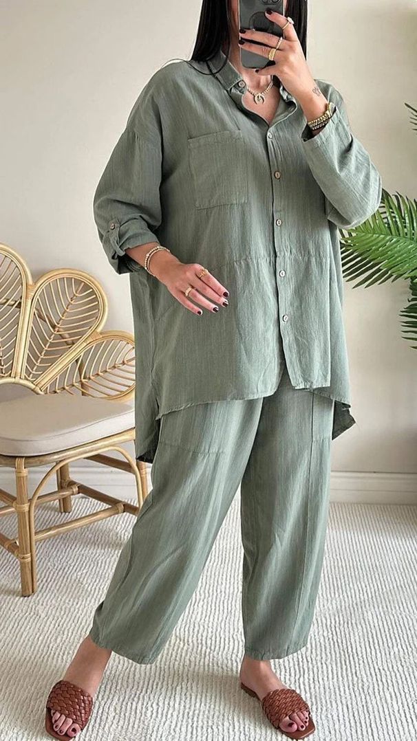 Women's Clothing 2 piece Set Large Size Cotton and Linen Shirt Set High Waist Loose Trousers_maomaolike.com