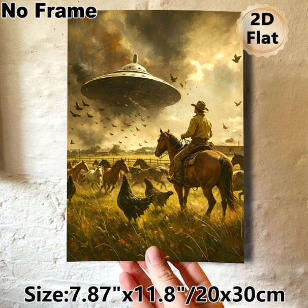 Cowboy & UFO Themed Painting Poster, Vintage Western Style Dramatic Rural Scene Poster, Unique Surreal Artwork Ideal For Living Room, Study Wall Decor_maomaolike.com