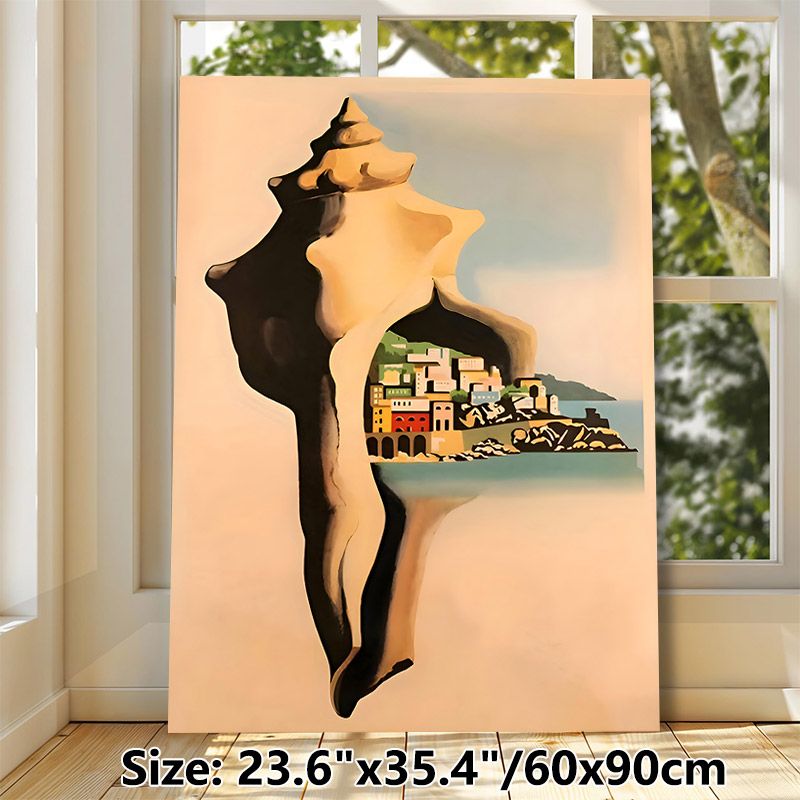 Seashell & Coastal Town Painting Poster, Surreal Style Pastel-toned Seashell With Vibrant Coastal Village Scene Poster, Unique Artistic Decor Ideal_maomaolike.com