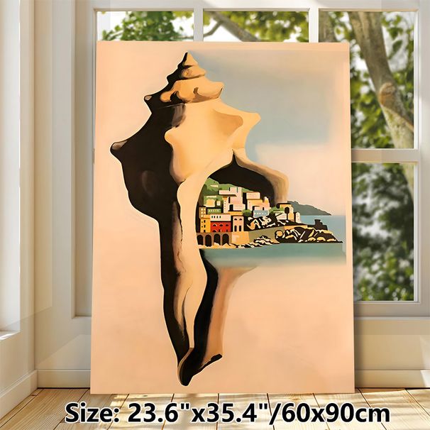 Seashell & Coastal Town Painting Poster, Surreal Style Pastel-toned Seashell With Vibrant Coastal Village Scene Poster, Unique Artistic Decor Ideal_maomaolike.com