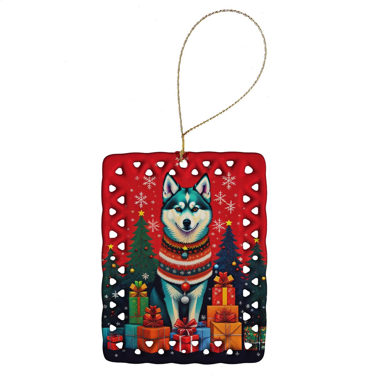 Alaskan Klee Kai Holiday Christmas Porcelain Ornament Christmas Tree Hanging Decorations For Home Christmas Holiday, Rectangle, Gift, Multicolor_maomaolike.com