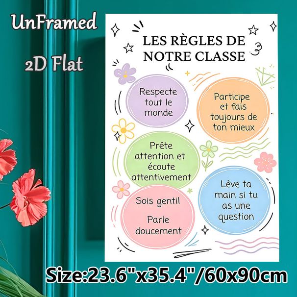 French Classroom Rules Painting Poster, Pastel-colored Hand-drawn Floral & Star Accented Poster, Clearly Outlines Class Conduct Guidelines, Suitable_maomaolike.com