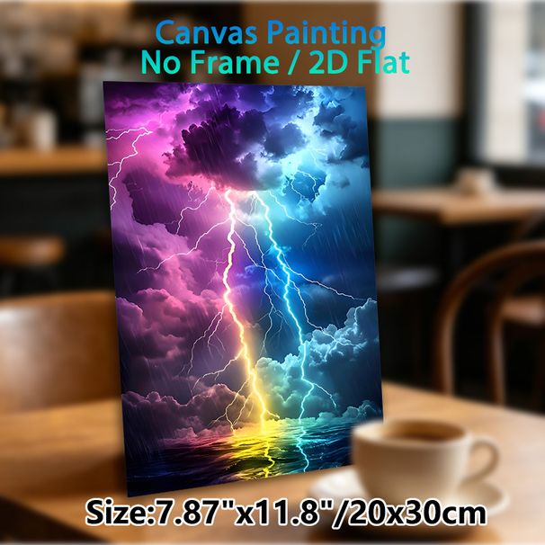 Rainbow Lightning Storm Painting Poster, Vibrant Dreamy Thunderstorm Over Ocean Scene Poster, Eye-catching Atmospheric Decor For Living Room, Bedroom_maomaolike.com