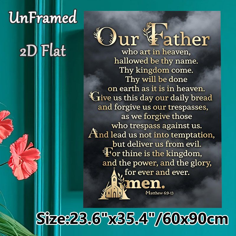 Our Father Prayer Painting Poster, Elegant Golden Script On Misty Dark Backdrop Poster, Inspirational Religious Verse Decor Ideal For Home, Church And_maomaolike.com