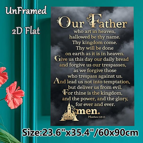 Our Father Prayer Painting Poster, Elegant Golden Script On Misty Dark Backdrop Poster, Inspirational Religious Verse Decor Ideal For Home, Church And_maomaolike.com