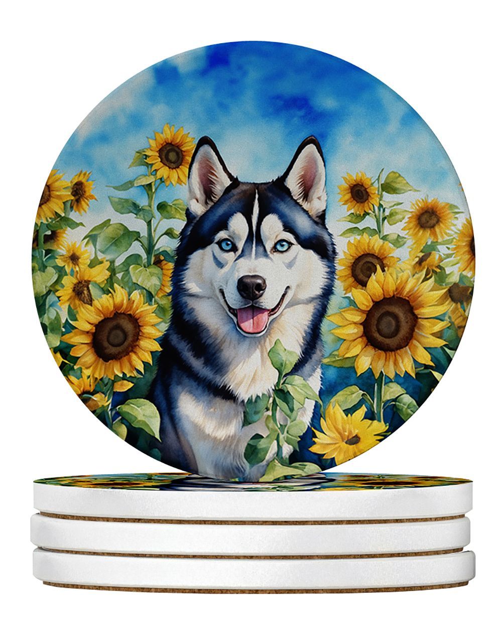 Siberian Husky In Sunflowers Large Sandstone Coasters Pack Of 4 Absorbent Round Coasters Decor Gifts For Men Or Women, 4 In, Multicolor_maomaolike.com