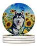 Siberian Husky In Sunflowers Large Sandstone Coasters Pack Of 4 Absorbent Round Coasters Decor Gifts For Men Or Women, 4 In, Multicolor_maomaolike.com