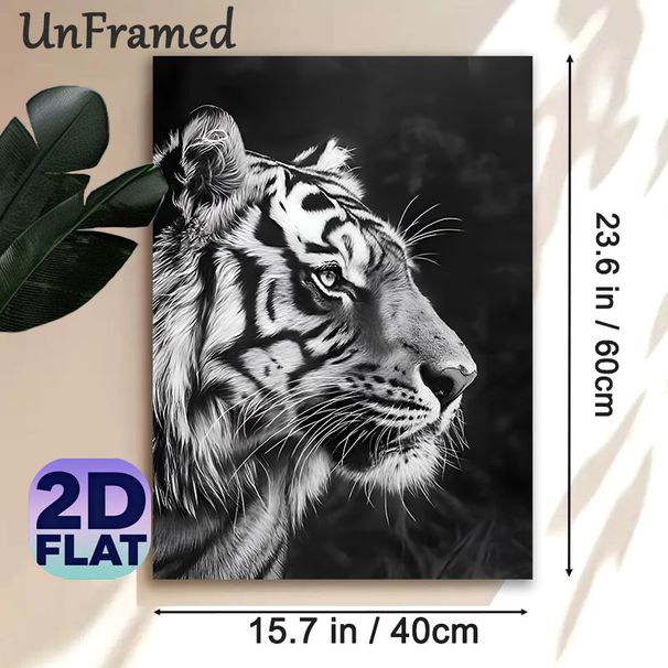 Tiger Themed Painting Poster, Monochrome Realistic Tiger Portrait Poster, Detailed Wildlife Artwork, Ideal For Living Room, Office And Home Decor_maomaolike.com