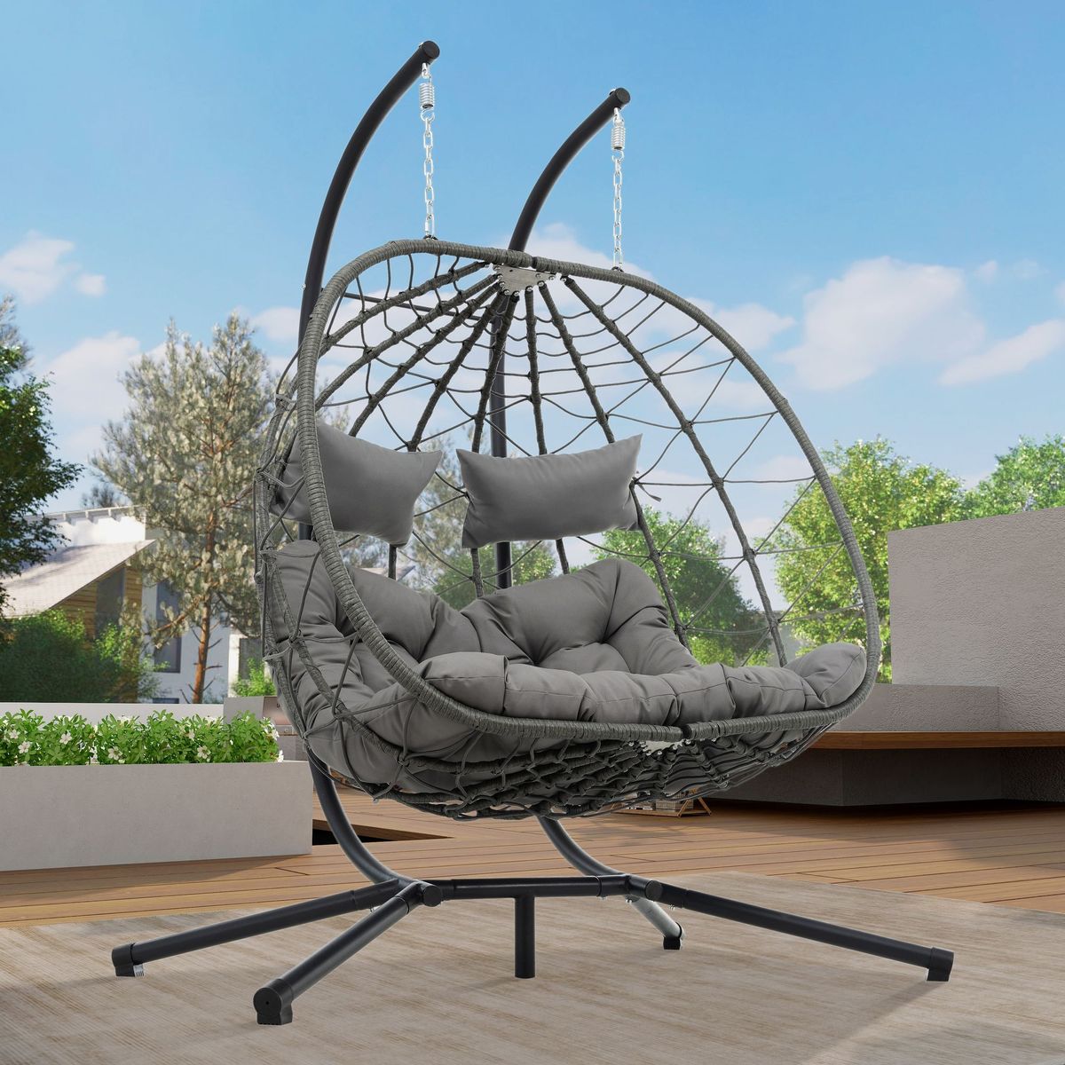 2 Persons Egg Chair With Stand Indoor Outdoor Swing Chair Patio Wicker Hanging Egg Chair Hanging Basket Chair With Stand For Bedroom Living Room Balcony_maomaolike.com