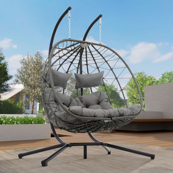 2 Persons Egg Chair With Stand Indoor Outdoor Swing Chair Patio Wicker Hanging Egg Chair Hanging Basket Chair With Stand For Bedroom Living Room Balcony_maomaolike.com