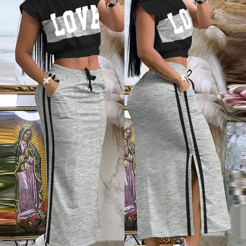 Women's Clothing elegant and contrasting color splicing printed tops casual strappy slit skirt suit_maomaolike.com