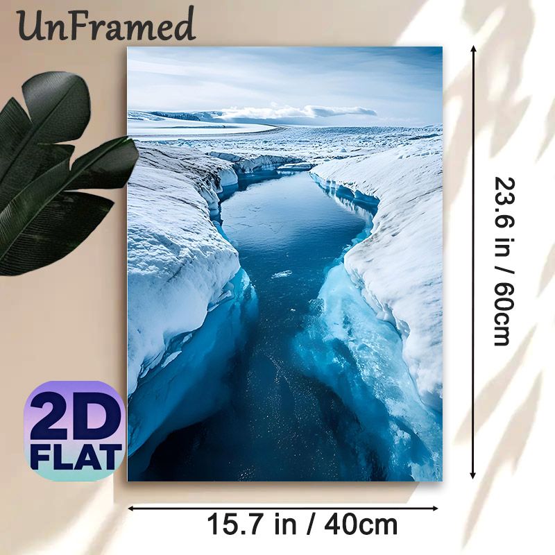 Glacial River Canyon Painting Poster, Serene Cool-toned Icy Canyon With Tranquil Blue Water Poster, Calming Natural Scenery Ideal For Living Room_maomaolike.com