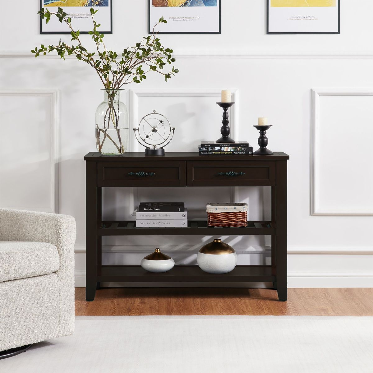 Retro Design Console Table With Two Open Shelves, Pine Solid Wood Frame And Legs For Living Room_maomaolike.com