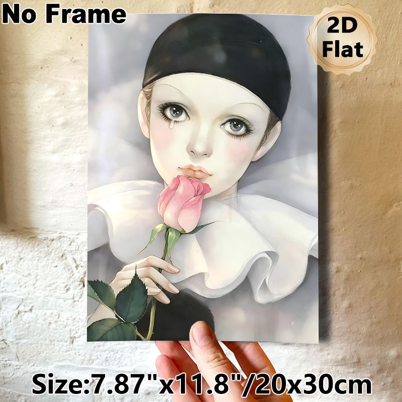 Pierrot-style Lady With Rose Painting Poster, Soft-toned Artistic Portrait Poster, Poignant Emotional Artwork Ideal For Bedroom And Living Room Wall_maomaolike.com