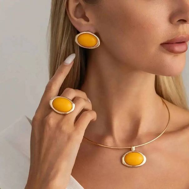Ingemark 8 Colors Vintage Acrylic Resin Oval Pendant Necklace Stud Earrings Ring For Women Bridal Elegant Jewelry Set_maomaolike.com