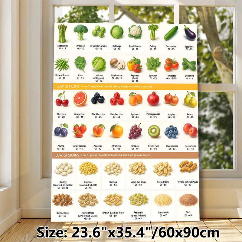 Low GI Foods Reference Chart Painting Poster, Hand-drawn Detailed Low-GI Veggies, Fruits & Grains Poster, Informative Balanced Diet Guide, Ideal For_maomaolike.com