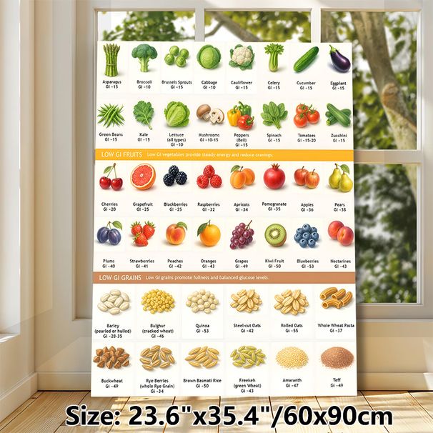 Low GI Foods Reference Chart Painting Poster, Hand-drawn Detailed Low-GI Veggies, Fruits & Grains Poster, Informative Balanced Diet Guide, Ideal For_maomaolike.com
