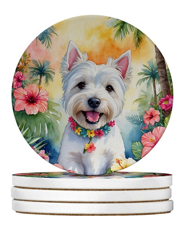 Westie Luau Large Sandstone Coasters Pack Of 4 Absorbent Round Coasters Decor Gifts For Men Or Women, 4 In, Multicolor_maomaolike.com