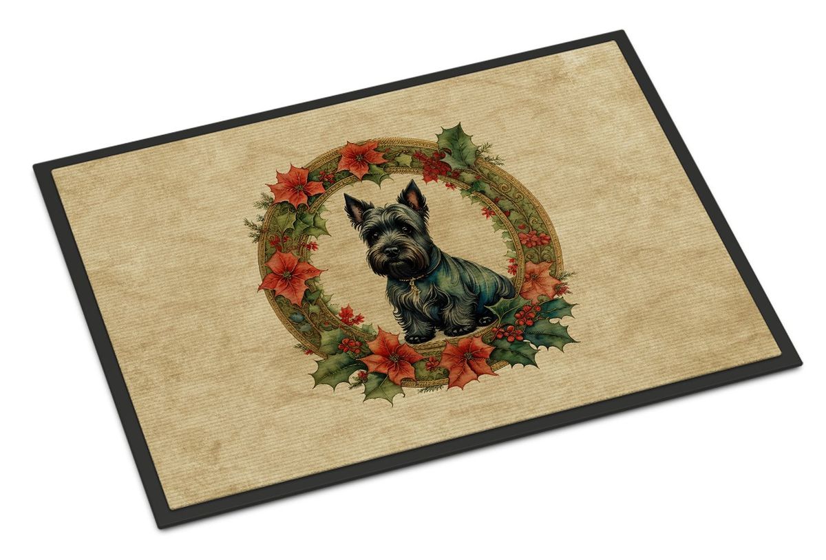 Scottish Terrier Christmas Flowers Doormat Front Door Mat Indoor Outdoor Rugs For Entryway, Non Slip Washable Low Pile, 24H X 36W_maomaolike.com