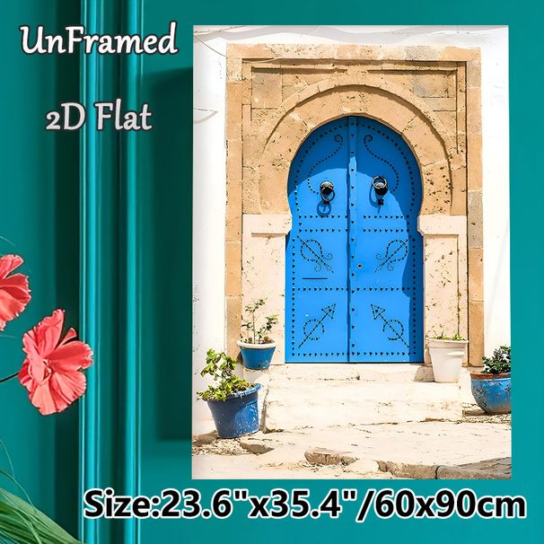 Moroccan Blue Door Painting Poster, Vintage Bohemian Ethnic Style Poster, Exotic Architectural Charm Ideal For Living Room, Hallway, Bohemian-inspired_maomaolike.com