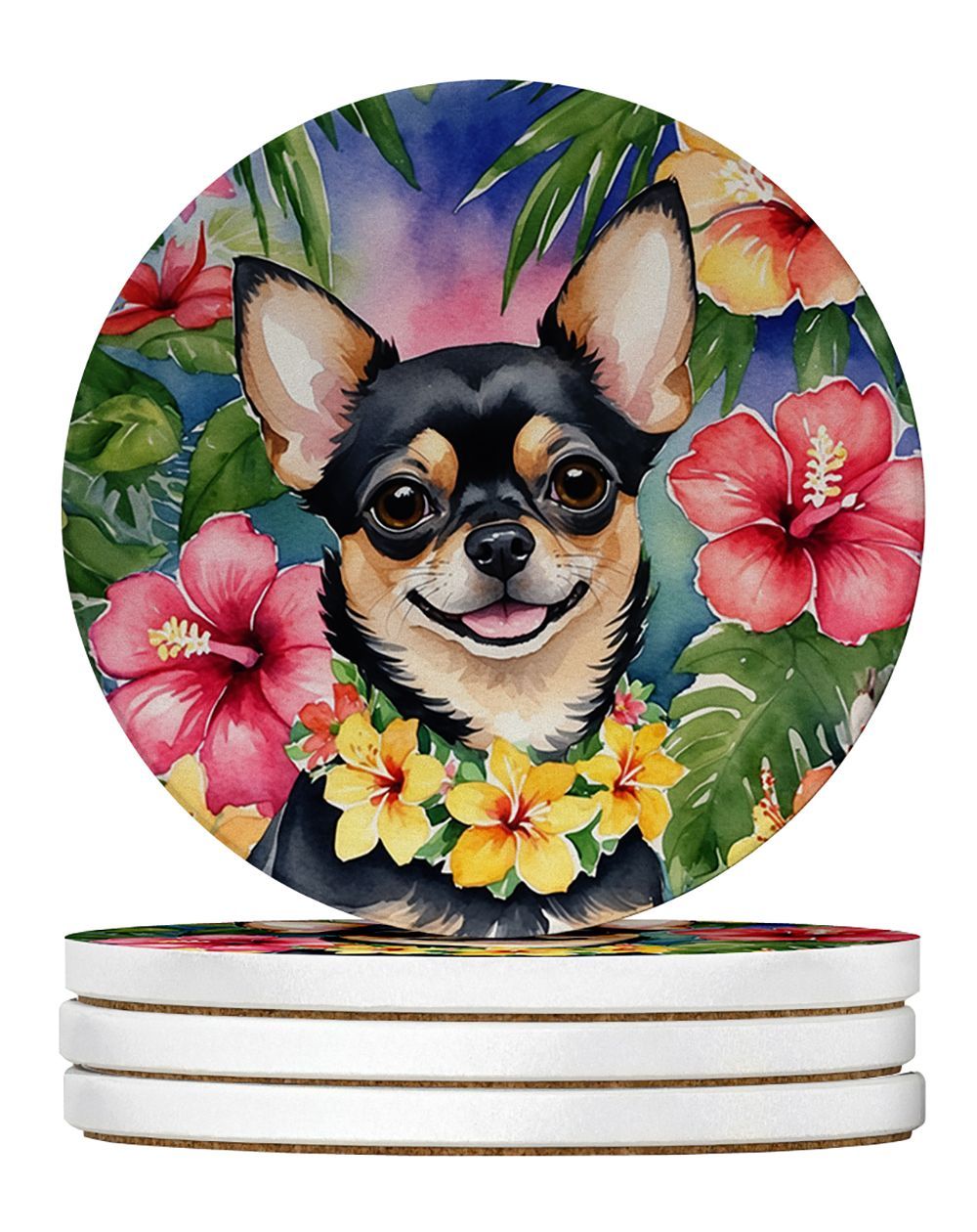 Chihuahua Luau Large Sandstone Coasters Pack Of 4 Absorbent Round Coasters Decor Gifts For Men Or Women, 4 In, Multicolor_maomaolike.com
