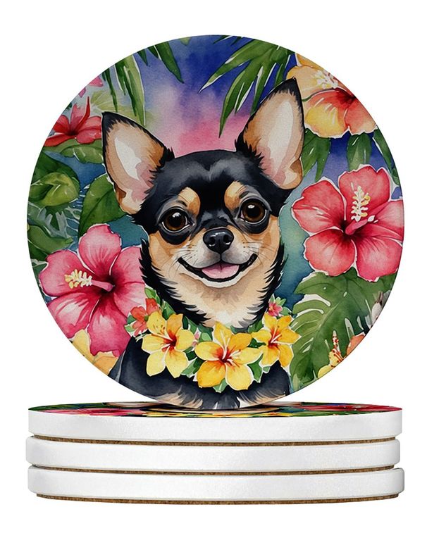 Chihuahua Luau Large Sandstone Coasters Pack Of 4 Absorbent Round Coasters Decor Gifts For Men Or Women, 4 In, Multicolor_maomaolike.com