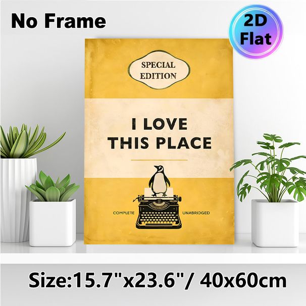 Vintage Book & Penguin Painting Poster, Warm-toned Retro Book Cover Style Poster, Heartfelt "I Love This Place" Quote Decor Ideal For Home, Living_maomaolike.com