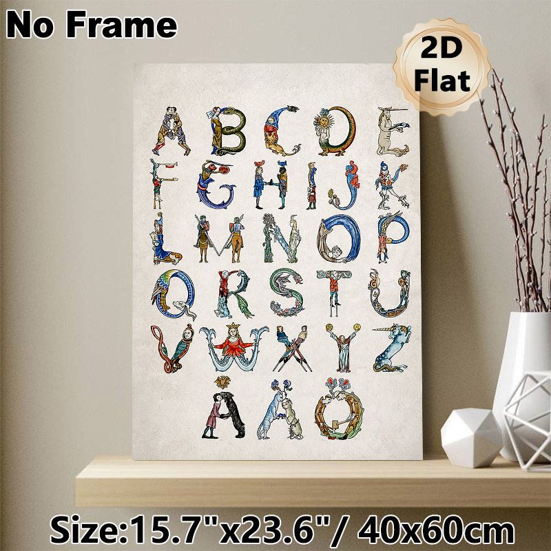 Medieval Alphabet Painting Poster, Vintage Illuminated Manuscript Style Poster, Each Letter Featuring Medieval Figures & Mythical Creatures_maomaolike.com
