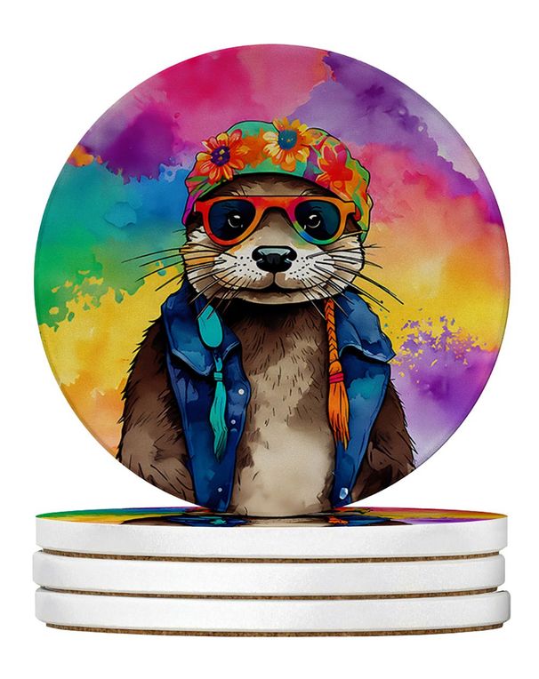 Hippie Animal Otter Large Sandstone Coasters Pack Of 4 Absorbent Round Coasters Decor Gifts For Men Or Women, 4 In, Multicolor_maomaolike.com