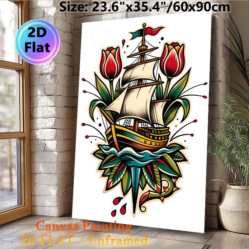 Sailboat & Tulip Themed Painting Poster, Vibrant Traditional Tattoo-style Poster, Artistic Design Featuring Sailboat, Red Tulips And Anchor, Suitable_maomaolike.com