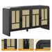 Rattan Sideboard Buffet Cabinet With Storage, 59'' Large Boho Storage Cabinet With 4 Doors And Adjustable Shelves, Black Wood Console Table For Kitchen, Entryway, Dining Room, Living Room_maomaolike.com