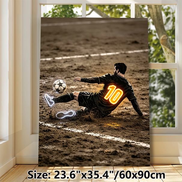 Soccer Player Painting Poster, Dynamic Illustrated Soccer Player Sliding For Ball Poster, Eye-catching Glowing Number 10 And Cleats, Ideal For Game_maomaolike.com