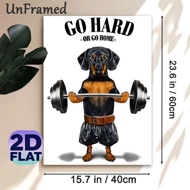 Fitness Dachshund Painting Poster, Humorous Cartoon-style Poster, Motivational "Go Hard Or Go Home" Design With Muscular Dachshund Lifting Barbell_maomaolike.com
