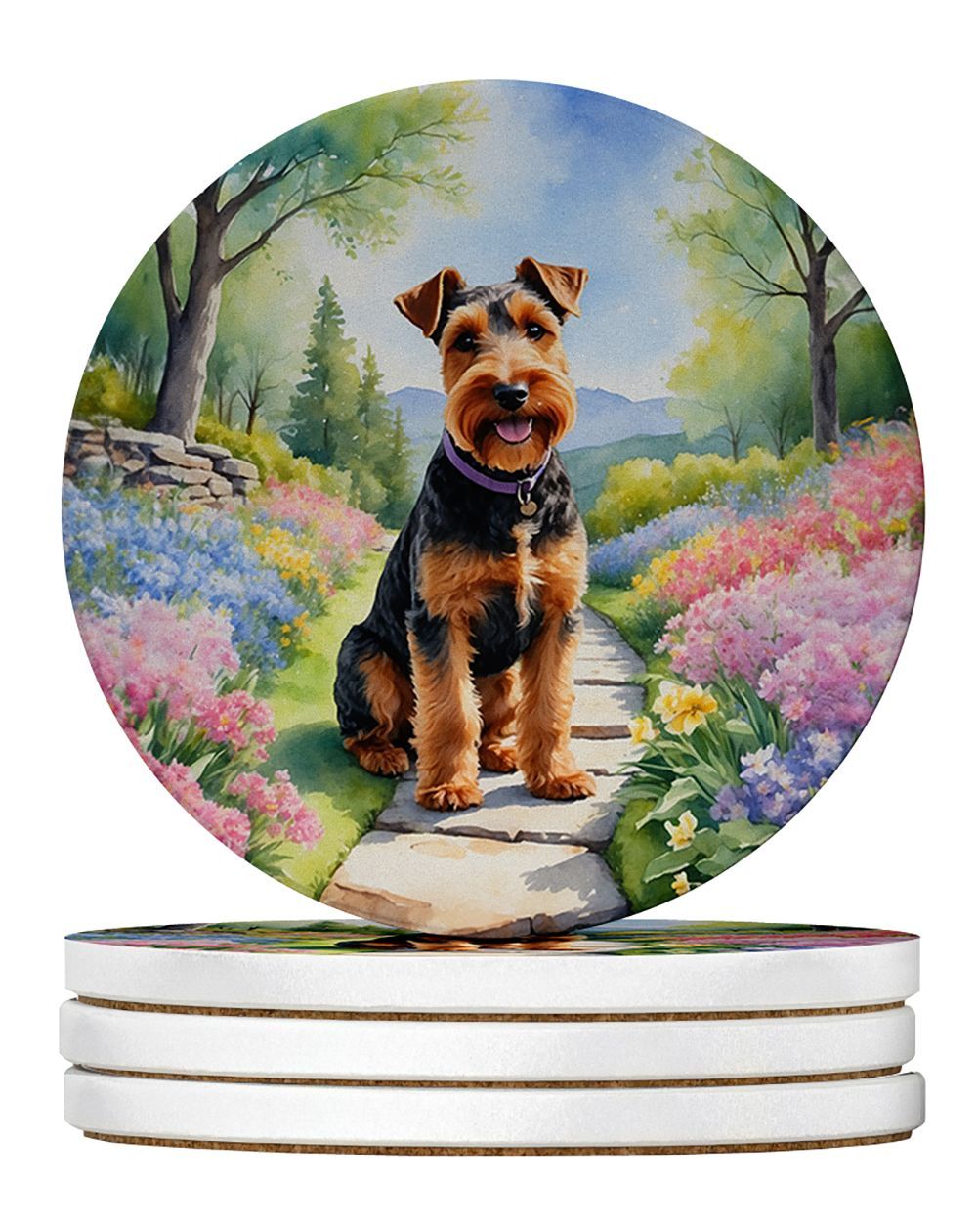 Welsh Terrier Spring Path Large Sandstone Coasters Pack Of 4 Absorbent Round Coasters Decor Gifts For Men Or Women, 4 In, Multicolor_maomaolike.com
