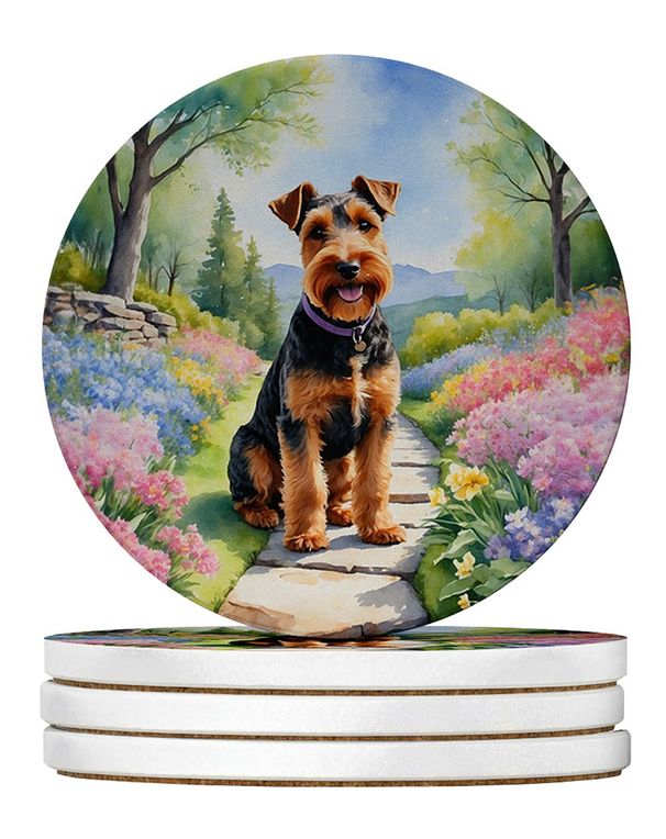 Welsh Terrier Spring Path Large Sandstone Coasters Pack Of 4 Absorbent Round Coasters Decor Gifts For Men Or Women, 4 In, Multicolor_maomaolike.com
