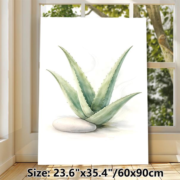 Aloe Vera Painting Poster, Soft Watercolor Style Aloe With Smooth Stone Poster, Fresh Natural Vibe, Ideal For Bedroom, Living Room And Bathroom_maomaolike.com