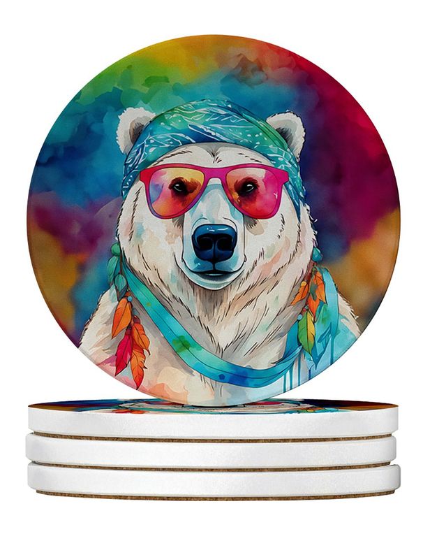 Hippie Animal Polar Bear Large Sandstone Coasters Pack Of 4 Absorbent Round Coasters Decor Gifts For Men Or Women, 4 In, Multicolor_maomaolike.com