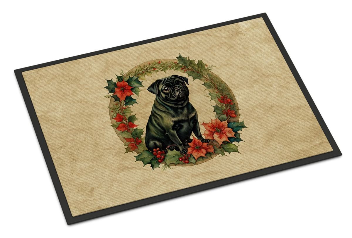 Pug Christmas Flowers Doormat Front Door Mat Indoor Outdoor Rugs For Entryway, Non Slip Washable Low Pile, 24H X 36W_maomaolike.com