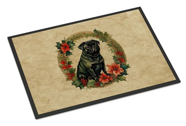 Pug Christmas Flowers Doormat Front Door Mat Indoor Outdoor Rugs For Entryway, Non Slip Washable Low Pile, 24H X 36W_maomaolike.com
