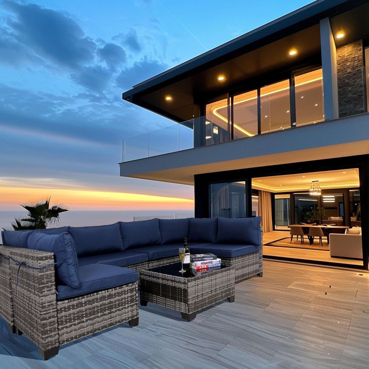 7-Piece Outdoor Patio Furniture Sets, All-Weather Wicker Rattan Sectional Sofa, Modern One Glass Coffee Table And Washable Seat Cushion (Gray+Blue)_maomaolike.com
