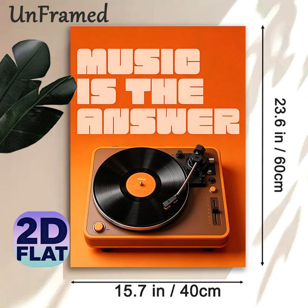 Vinyl Record Player Themed Painting Poster, Warm Orange Retro "Music Is The Answer" Poster, Chic Music-focused Wall Decor For Living Room, Music_maomaolike.com