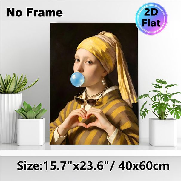 Modernized Girl With A Pearl Earring Painting Poster, Whimsical Reimagined Classic Art Poster, Playful Bubble Gum Blowing & Heart Gesture Design_maomaolike.com