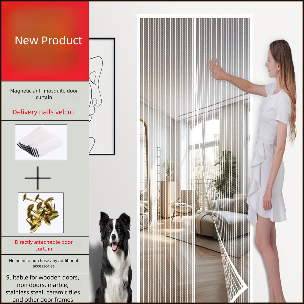 No Magnetic Strip Needed Summer Mosquito-Proof Dense Embroidered Screen Soft Self-Adhesive Door Curtain_maomaolike.com